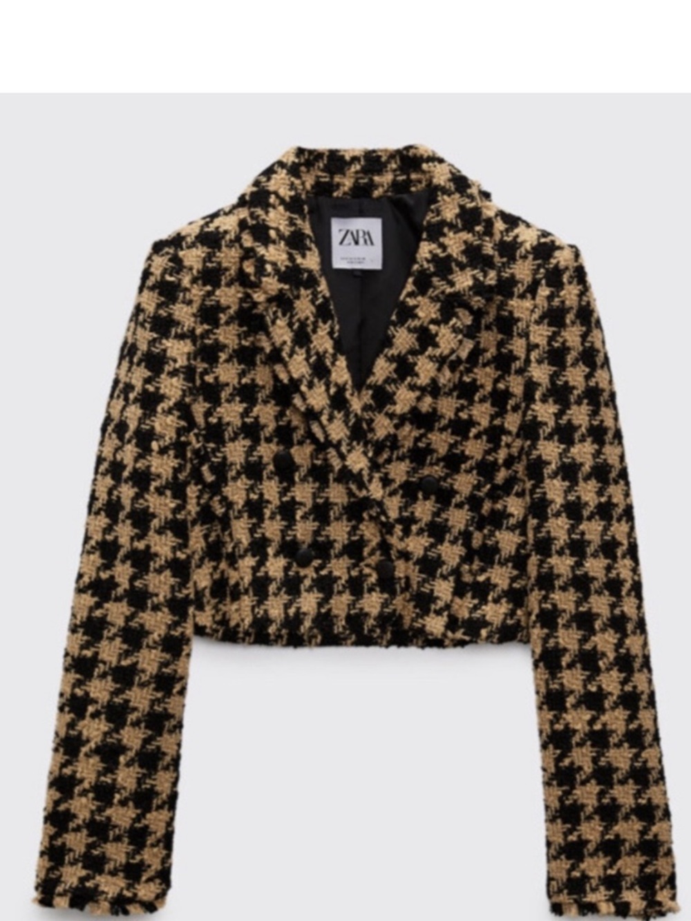 Zara Black & Tan Checkered Tweed Cropped Blazer Jacket Small